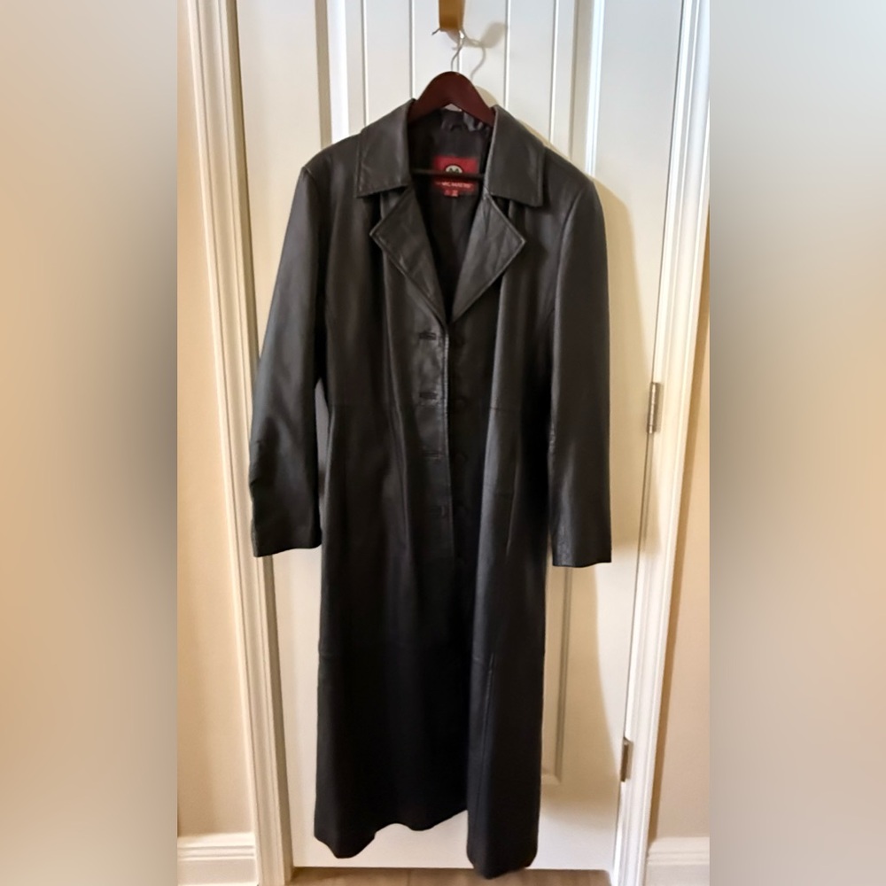 Womens Black Leather Marc Mattis Trench Coat Size LT cuffed